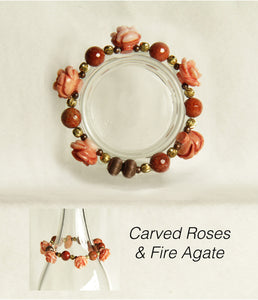 Carved Coral Roses & Fire Agate Bracelet for Heart and Sacral Chakras