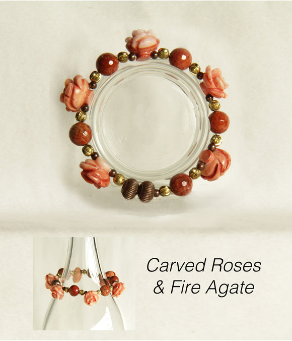Carved Coral Roses & Fire Agate Bracelet for Heart and Sacral Chakras