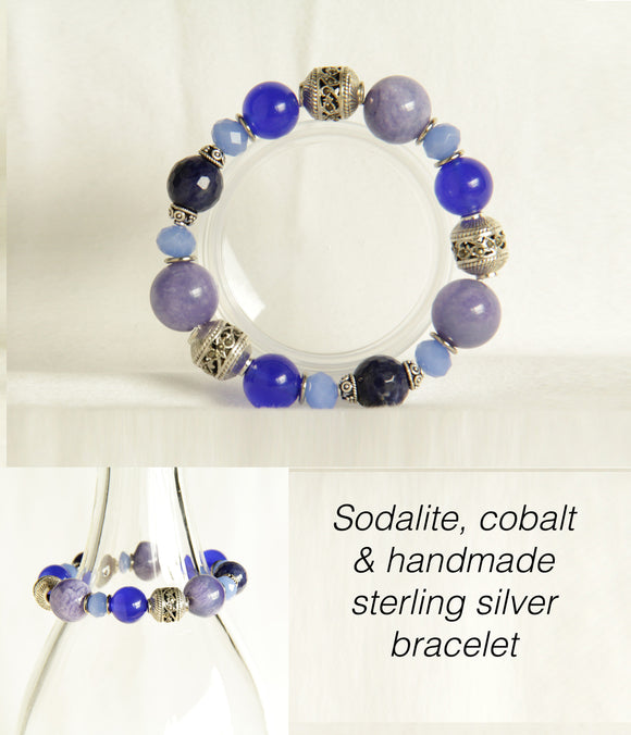 Sodalite, Cobalt & Handmade Sterling Silver Bracelet for Third Eye Chakra #B117