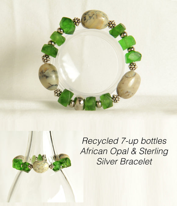 Recycled Glass, African Opal & Sterling Silver Bracelet # B122