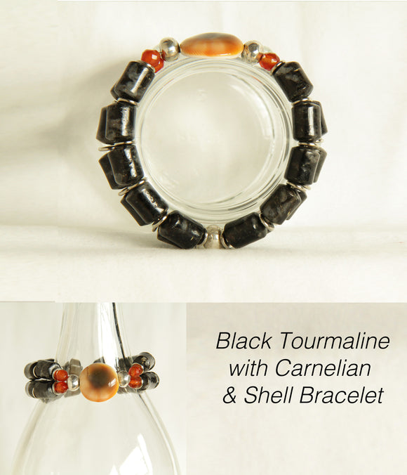 Black Tourmaline, Carnelian & Shell Bracelet for Root Chakra