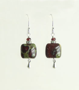 Dragon Blood Jasper Square and Garnet Earrings for Heart Chakra