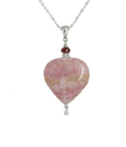Rhodochrosite Heart and Garnet Necklace for Heart Chakra