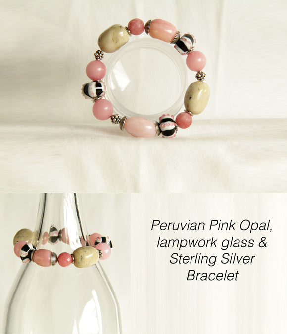 Pink Opal, African Opal & Lampwork Glass Bracelet for Heart Chakra