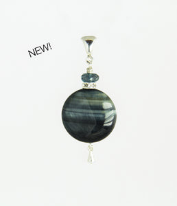 Round Blue Tiger Eye and London Blue Topaz Pendant for Throat Chakra