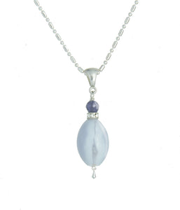 Blue Lace Agate Egg and Iolite Necklace for Throat Chakra