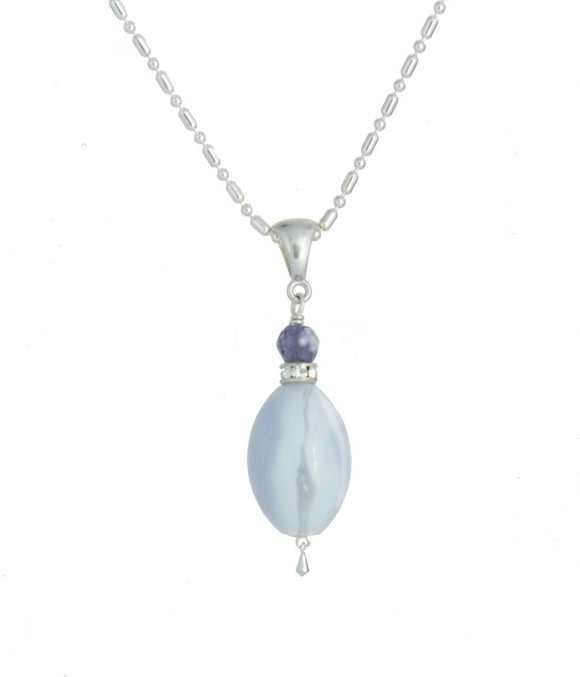 Blue Lace Agate Egg and Iolite Necklace for Throat Chakra