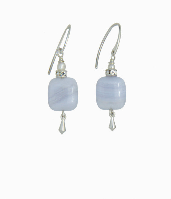Blue Lace Agate and Pearl Earrings for Throat Chakra